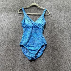 VTG Sirena One Piece Swimsuit Women 12 Blue N Neck Nylon USA Made Built in‎ Bra